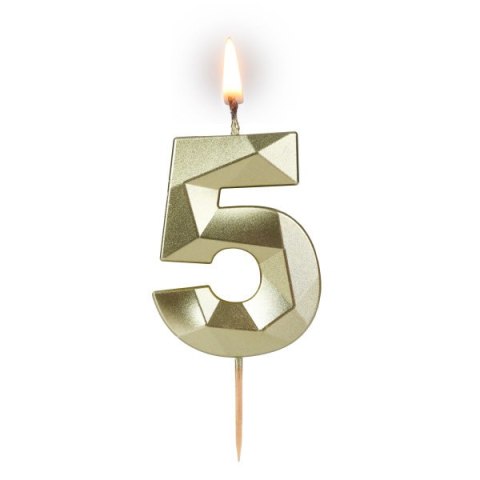 Świeczka cyferka "5" 5,8cm "DIAMENT" ZŁOTA na patyku ( długość patyka 4,2cm / 2cm ) 24szt . 64-05