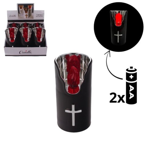 Znicz led czarny na baterie krzyż 2AA / LR6 czerwony płomień CHSO117026