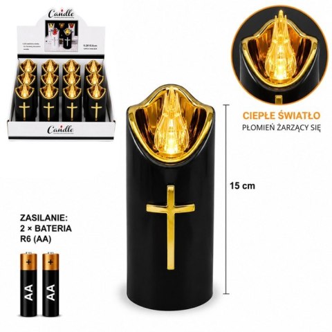 Znicz led czarny z krzyżem na baterie 2AA / LR6 Biały Płomień XXM336